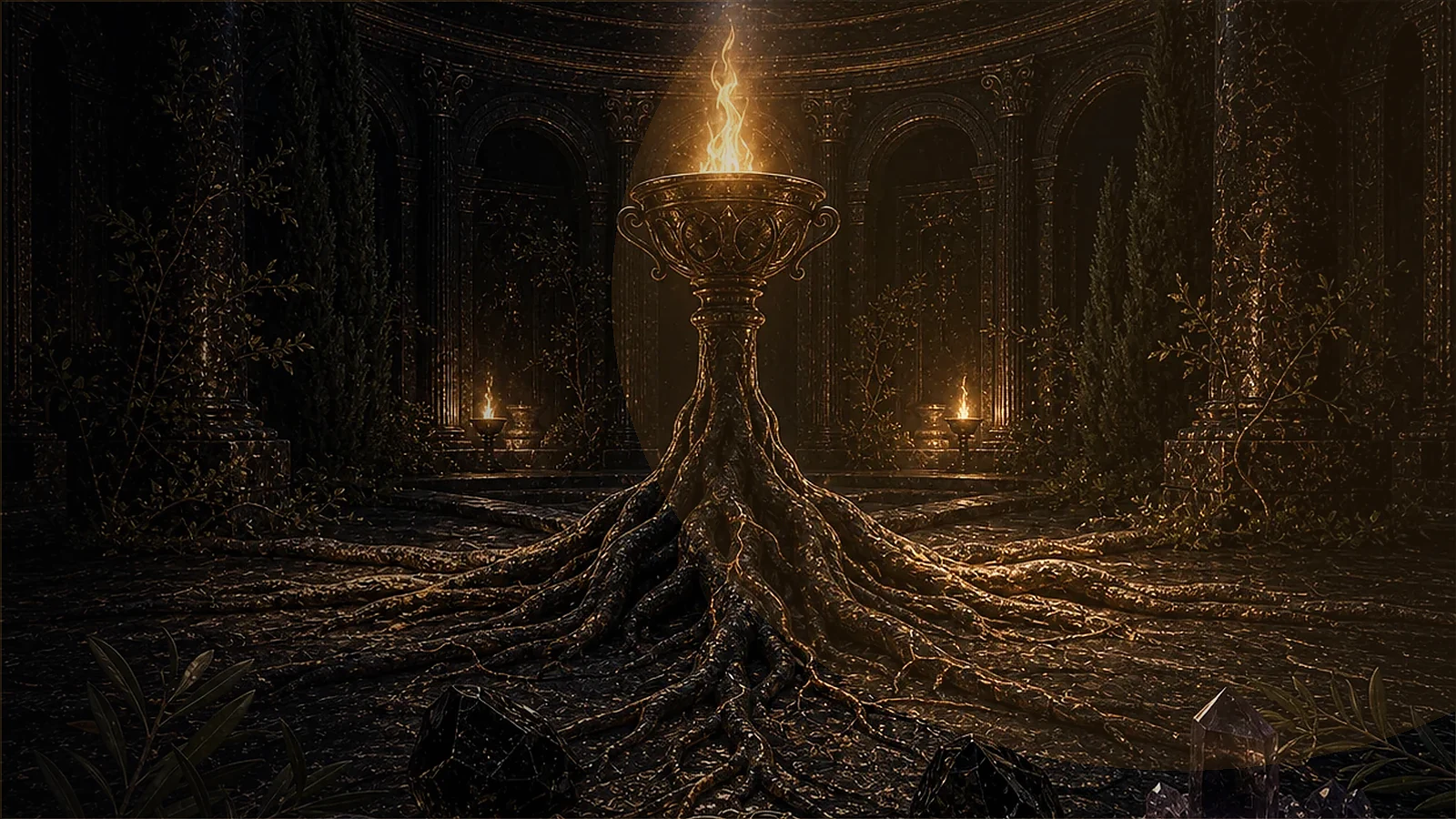 Hekate em ambiente ritual com símbolos de estudo