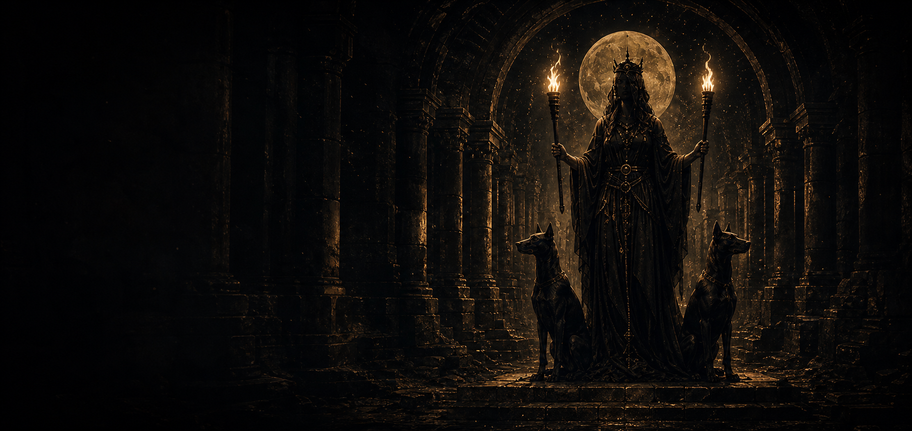 Hekate em um portal de pedra com tochas e cães guardiões